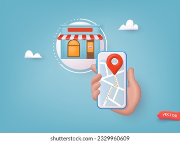 Hand holding mobile smart phone with application search store. Find closest on city map. 3D Web Vector Illustration.