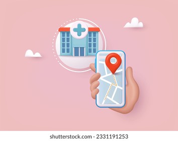 Hand holding mobile smart phone with application search pharmacy. Find closest on city map. 3D Web Vector Illustrations.