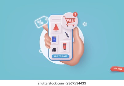 Hand holding mobile smart phone with shopp app. Online shopping concept. 3D Web Vector Illustrations.