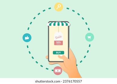 Hand holding mobile smart phone with shopping icon. Online shopping concept.