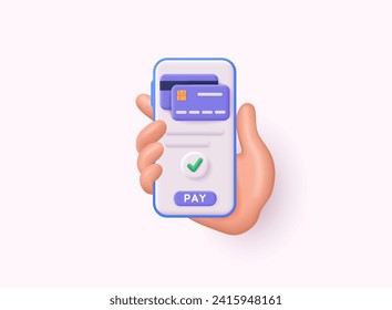 Hand holding mobile smart phone with credit card. Finance, online banking and shopping payment. 3d with payment protection concept. 3D web Vector Illustrations.