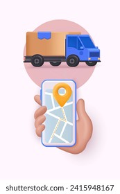 Hand holding mobile smart phone with application tracker. Delivery tracking. GPS navigator pointer. 3D Web Vector Illustrations.