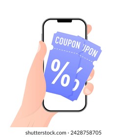 Hand holding mobile smart phone with discount. Store special offer promotion. Digital voucher. Markdown program, loyalty program. Gift Coupon on mobile phone. Vector illustration