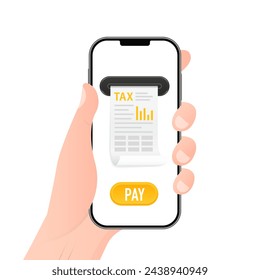 Mano sosteniendo el teléfono inteligente móvil con el pago de impuestos. Servicio de pago móvil. Gobierno, impuestos estatales. Formulario de impuestos. Pago de servicios públicos, banco, restaurante y otros impuestos. Ilustración de vector