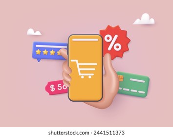 Hand holding mobile smart phone with shopp app. Online shopping concept. 3D Web Vector Illustrations.