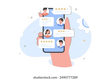 Hand holding mobile smart phone with review rating. Reviews stars with good and bad rate and text, concept of testimonials messages, notifications, feedback