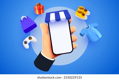 Mão segurando celular smart phone com app loja e itens de moda. Conceito de compras online. Ilustração vetorial