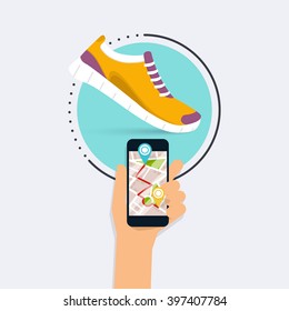 Hand holding mobile smart phone app with track displayed with route. Vector fitness route tracking concept illustration. Flat design modern vector illustration concept.