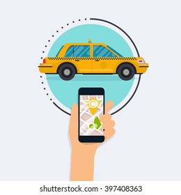 Hand holding mobile smart phone with app search taxi.  modern flat creative info graphics design on service application. vector illustration concept.