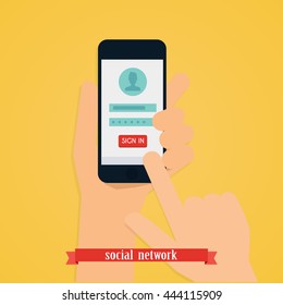Hand holding mobile smart phone with app. Login form on gadget screen illustration concept. Vector modern flat creative info graphics design.