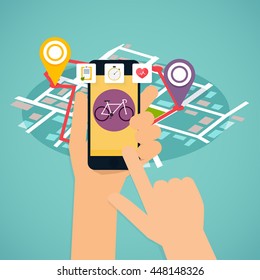 Hand holding mobile smart phone app with track displayed with bike. Vector fitness route tracking concept illustration. Flat design modern vector illustration concept.