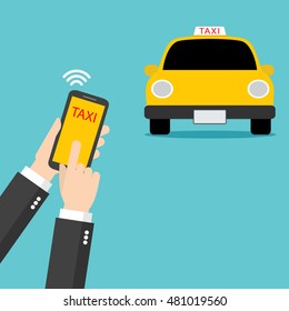 Hand holding mobile smart phone with app search taxi service. booking cab service. Flat vector for business, info graphic, banner, presentation, website in minimal concept illustration