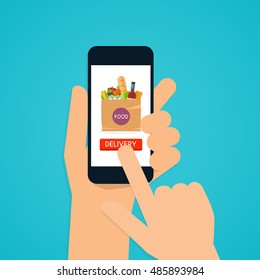 Hand holding mobile smart phone with application food delivery.  Food in package. Ecommerce concept: order food online website. Flat design style modern vector illustration concept.
