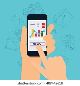 Hand holding mobile smart phone with business application. Flat design style modern vector illustration concept. 