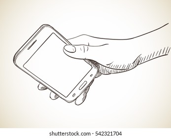Mano sosteniendo el teléfono inteligente móvil con pantalla en blanco, Esbozo vectorial, ilustración dibujada a mano aislada en blanco