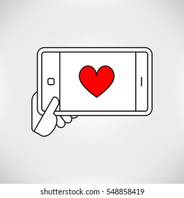 hand holding mobile smart phone with heart line icon for love and valentines day. Vector design eps 10