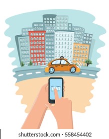 Hand holding mobile smart phone with app search taxi, service application. Vector cartoon funny illustration concept.