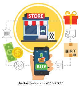 Hand holding mobile smart phone with application search store.