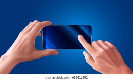 Hand holding mobile smart phone and touching screen on blue background, mock up black smartphone in hand.  landscape or horizontal view. VECTOR.