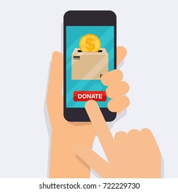 Hand Holding Mobile Smart Phone With Donation Money. Concept For Charity Online Service.  Flat Vector Illustration.