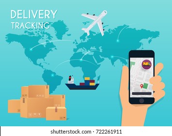 Hand holding mobile smart phone with app delivery tracking. Vector modern flat creative info graphics design on  application. 