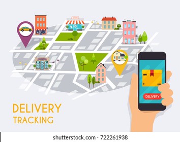 Hand holding mobile smart phone with app delivery tracking. Vector modern flat creative info graphics design on  application. 