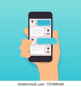 Hand Holding Mobile Smart Phone With Text Message. Flat Design Modern Vector Illustration Concept.