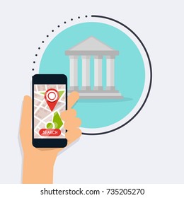 Hand holding mobile smart phone with app bank search. Vector modern flat creative info graphics design on search atm application. 