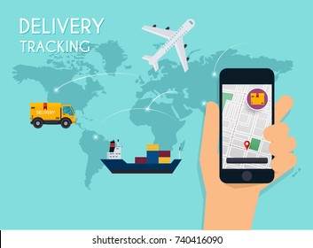 Hand holding mobile smart phone with app delivery tracking. Vector modern flat creative info graphics design on  application. 