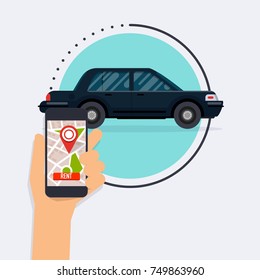 Hand holding mobile smart phone with app rent a car. Vector modern flat creative info graphics design on application. 