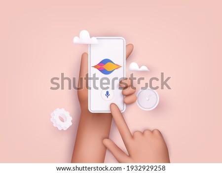 Hand holding mobile smart phone with digital voice assistant. 3D Web Vector Illustrations.