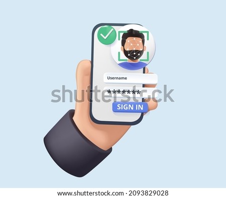 Hand holding mobile smart phone with face recognition app. 3D Web Vector Illustrations. Identification of a person through the system of recognition of a human face. 3D free to edit. Smartphone scan.