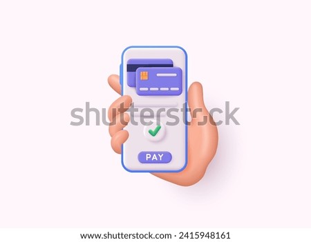 Hand holding mobile smart phone with credit card. Finance, online banking and shopping payment. 3d with payment protection concept. 3D web Vector Illustrations.