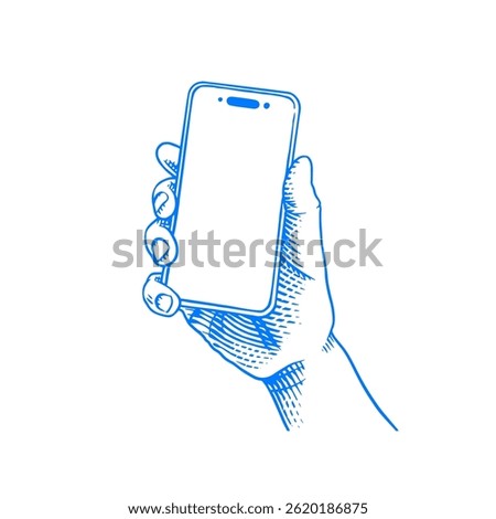 Hand holding mobile smart phone with blank screen. Vector clipart illustration. Line and Ink sketch. Hand drawn Vintage style. 
