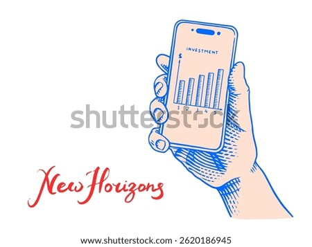 Hand holding mobile smart phone with blank screen. Vector clipart illustration. Line and Ink sketch. Hand drawn Vintage style. 