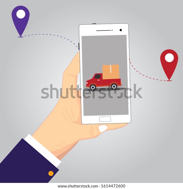 Hand holding
mobile smart phone with app delivery tracking. Vector modern flat
creative info graphics design
