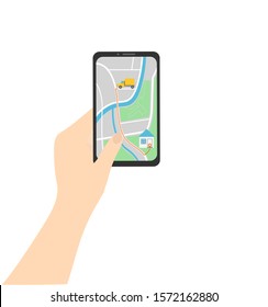 Hand holding mobile smartphone with mobile app delivery tracking. Vector flat info graphics design on delivery tracking application