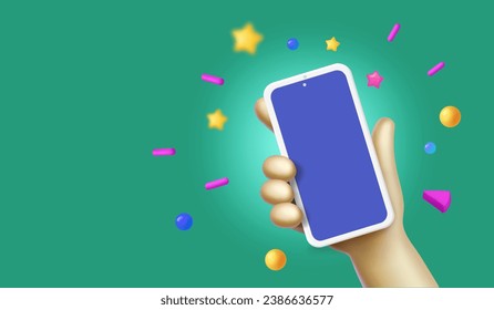 Hand holding mobile smartphone. Cartoon 3d mobile phone with empty screen. Vector illustration