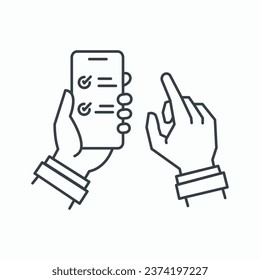 Hand holding mobile smartphone with checklist app. Vector illustration line icon. Successful completion of job tasks.