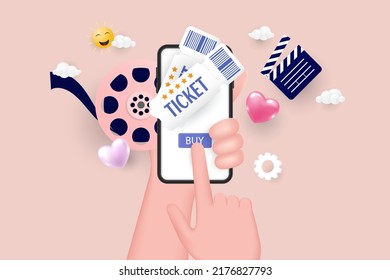 Hand holding mobile smartphone with Concepts of online cinema ticket order. 3D Vector Illustration.