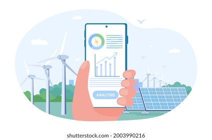 Hand holding mobile smartphone with electricity energy usage monitoring application. Concept of sustainable renewable power plant storage station with solar panel. Flat cartoon vector illustration.