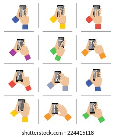 Hand holding mobile smartphone gestures icons set isolated vector illustration