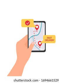 Hand holding mobile smartphone open app. fast delivery, shipping.