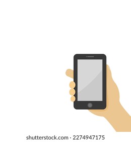 Hand holding mobile or smartphone in vertical position on white background.