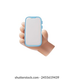 Hand holding a mobile smartphone with white blank screen 3D vector illustration. Arm holding gadget with empty screen mock up. Presentation showcase display on device phone