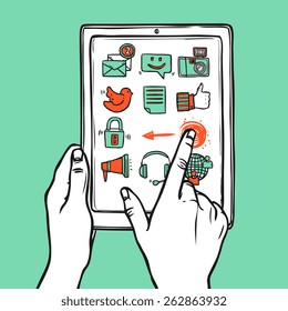Hand holding mobile tablet with social sketch media icons vector illustration