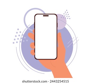 Hand holding mobile vertically in flat style