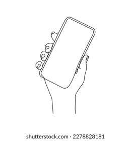 Hand holding mobilephone, smartphone. One line art. Person holding device. Hand drawn vector illustration.