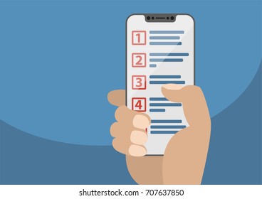 Hand holding modern bezel free smart phone. Prioritized list displayed on touchscreen as concept for prioritization of work items. Illustration in flat design.