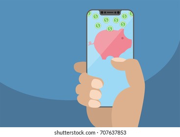 Hand holding modern bezel free smartphone. Piggy bank symbol and dollar coins displayed on frameless touchscreen. Concept for digital wallet and online payment or banking